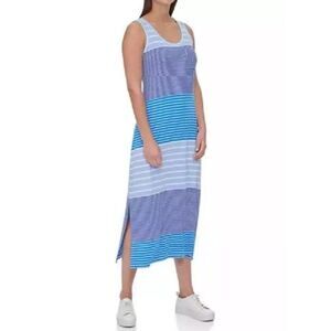 CALVIN KLEIN Blue White Striped Maxi Dress Size L